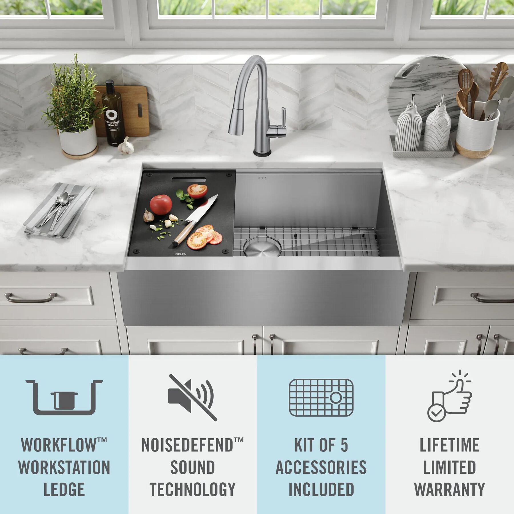33&rdquo; Workstation Undermount&nbsp;Single Bowl&nbsp;16 Gauge Stainless Steel&nbsp;Farmhouse Apron Front Kitchen Sink&nbsp;with&nbsp;WorkFlow&trade; Ledge and Accessories